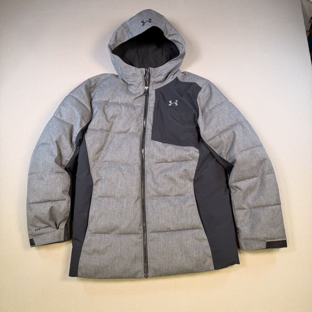 Under Armour Coat Jacket Cold Gear Puffer Hooded Quilted Grey Black Youth Large